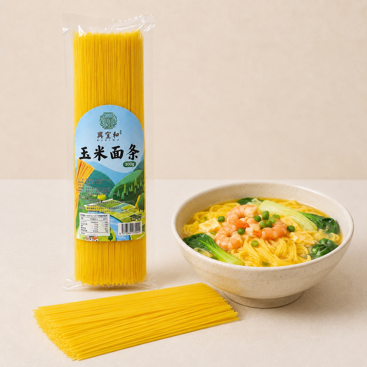 興宜和KOGIWAのとうもろこし麺、調理例と商品パッケージ